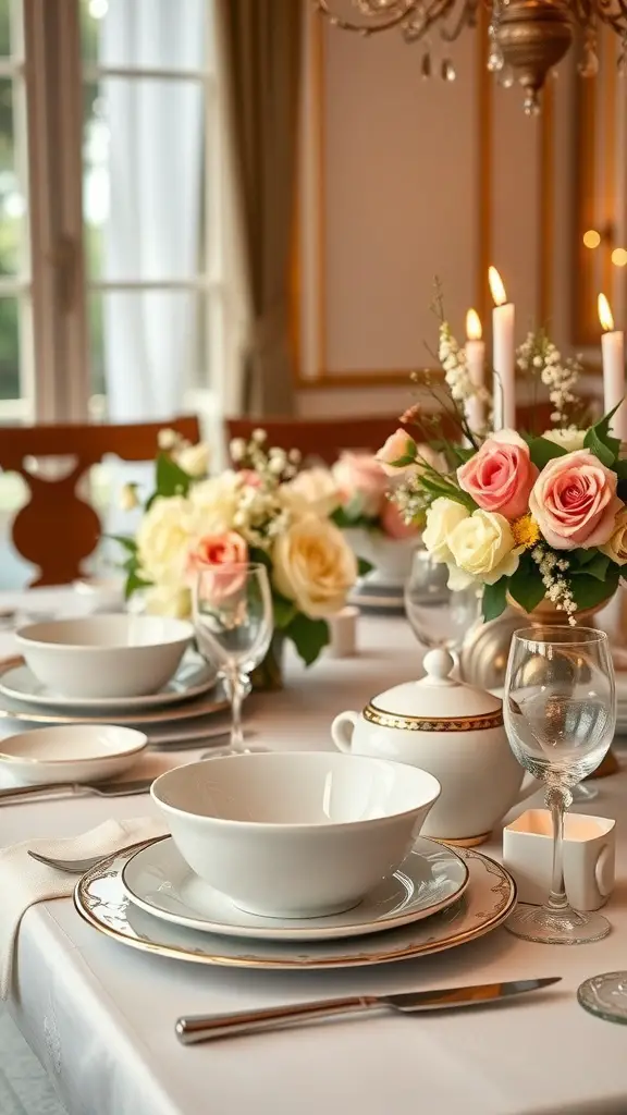 A beautifully set dining table featuring Ralph Lauren dinnerware with floral arrangements and elegant glassware.