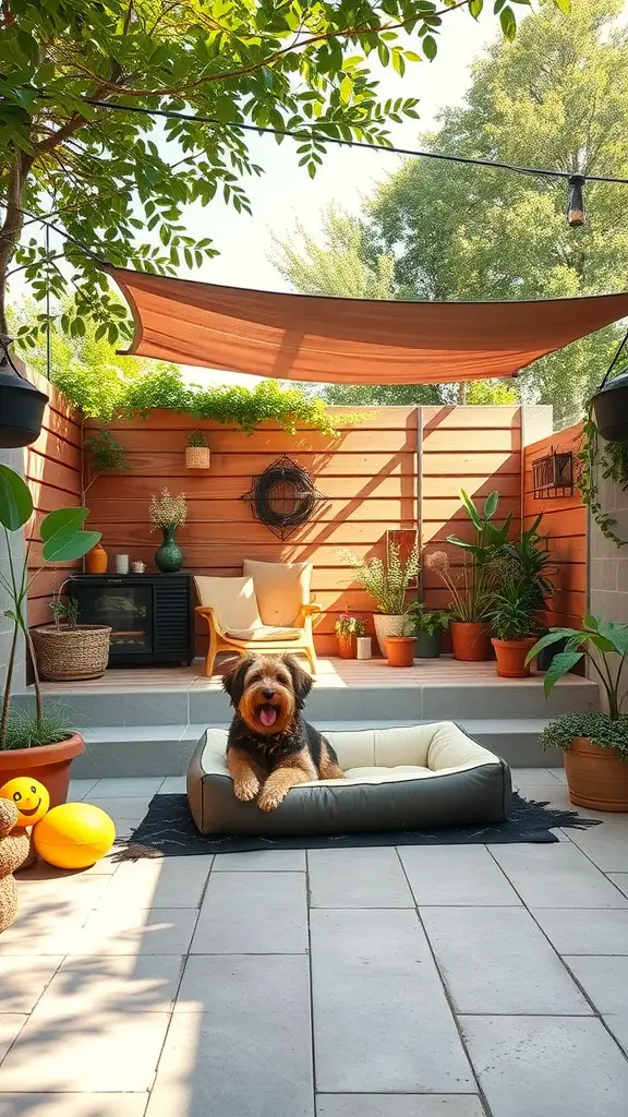 17 Stylish Patio Furniture Layout Ideas for Your Outdoor Space 13 A cozy patio with a dog bed, plants, and comfortable seating, perfect for pets.
