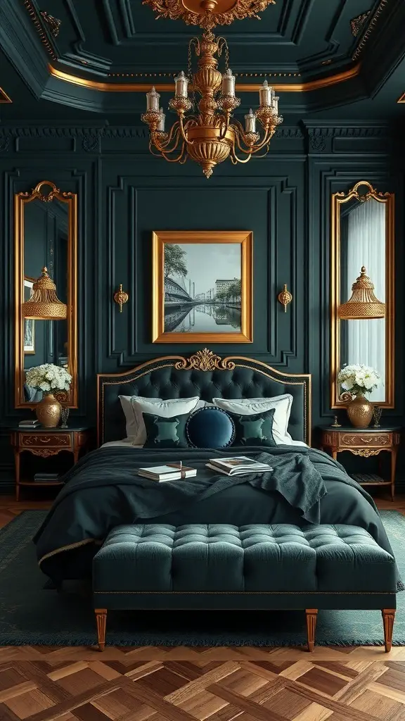 35+ Stunning Dark Green Bedroom Ideas for a Cozy Retreat 7 A luxurious dark green bedroom with gold accents, featuring a plush bed, elegant chandelier, and decorative mirrors.