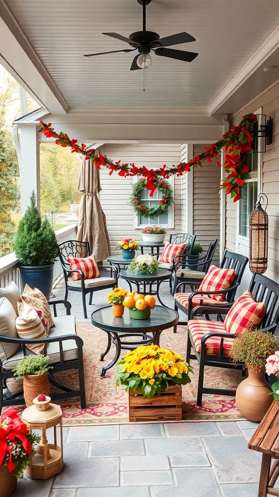 17 Stylish Patio Furniture Layout Ideas for Your Outdoor Space 12 A beautifully decorated patio with flowers, garlands, and comfortable seating.