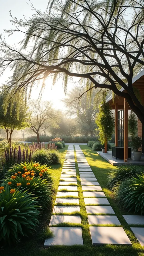 A serene garden pathway with sunlight filtering through trees, lined with vibrant flowers and greenery.