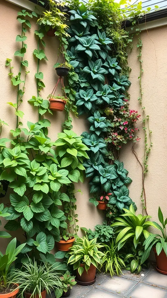 A vertical garden with various green plants climbing a wall, showcasing a mix of hanging pots and vibrant foliage.