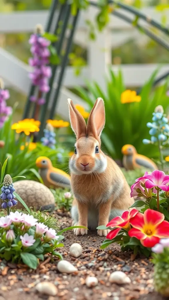 27+ Must-Have Features for the Ultimate Rabbit Playground 8 A cute rabbit surrounded by colorful flowers in a garden setting.