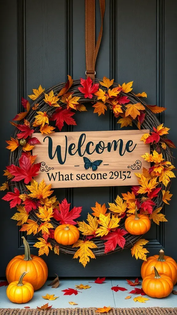 A seasonal welcome sign wreath with autumn leaves and pumpkins.