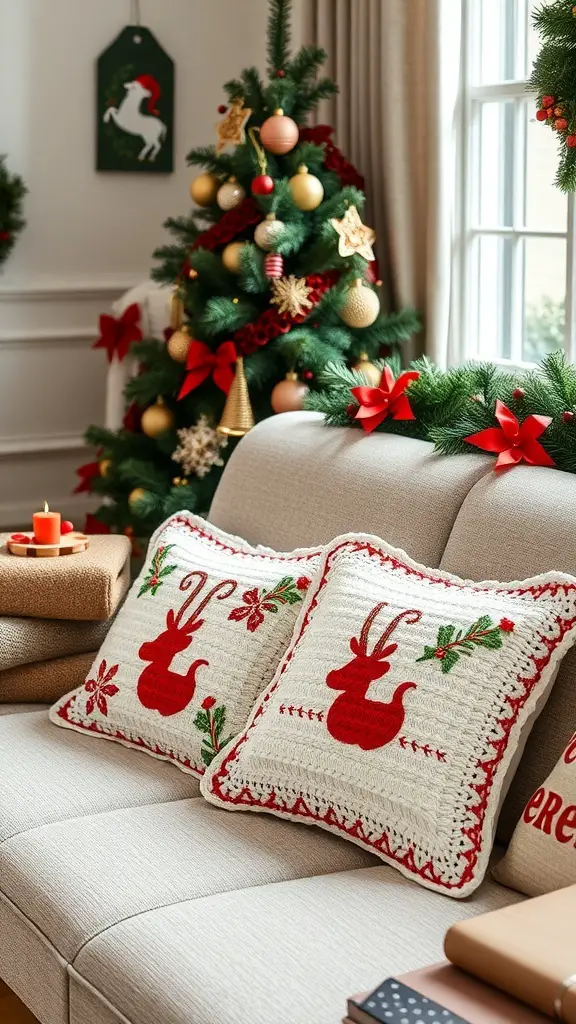 Festive crochet pillow covers featuring red reindeer designs on a cream background, placed on a couch with Christmas decorations in the background.
