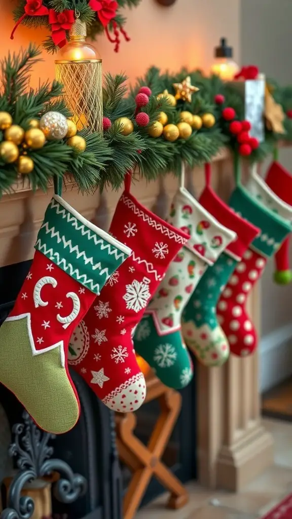 37+ Festive Christmas Room Decor Ideas to Transform Your Space 18 Colorful Christmas stockings hanging from a mantel decorated with greenery and ornaments.