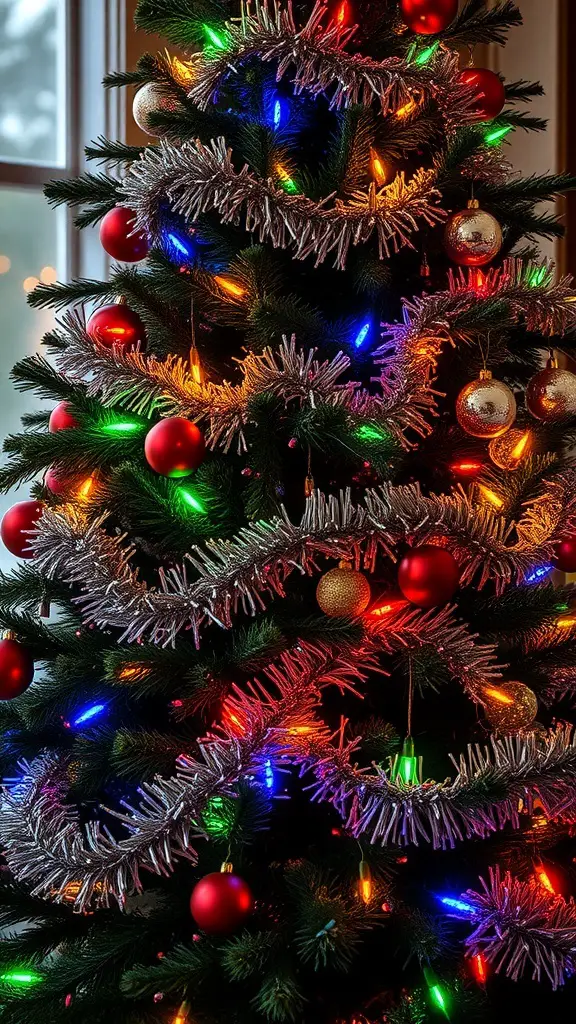A beautifully decorated Christmas tree with colorful lights and silver tinsel.