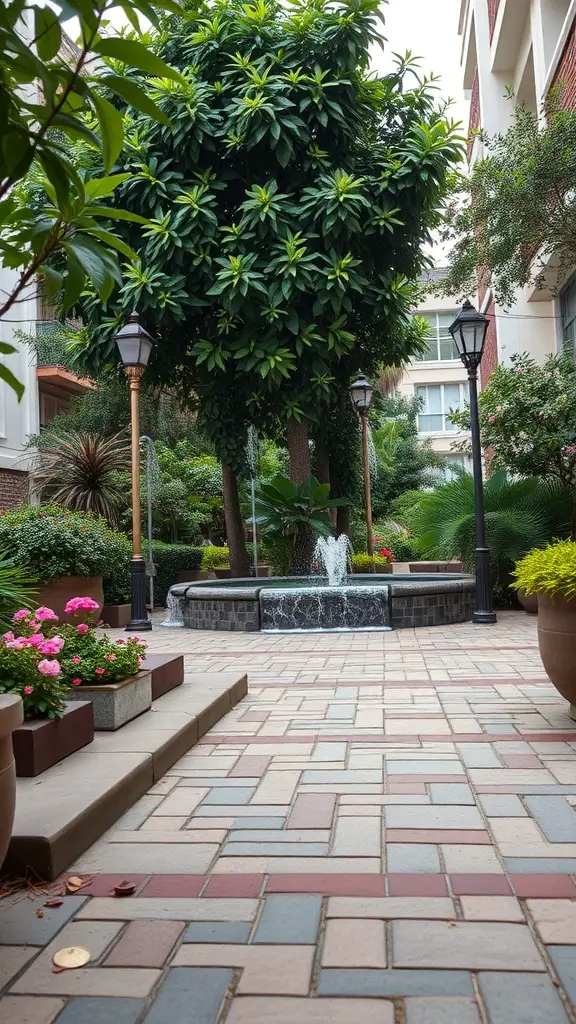 25+ Stunning Sidewalk Landscaping Ideas to Elevate Your Curb Appeal 5 A serene sidewalk landscape featuring a fountain surrounded by flowers and greenery.