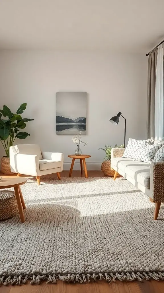 A cozy living room featuring a textured wool rug, light furniture, and plants.