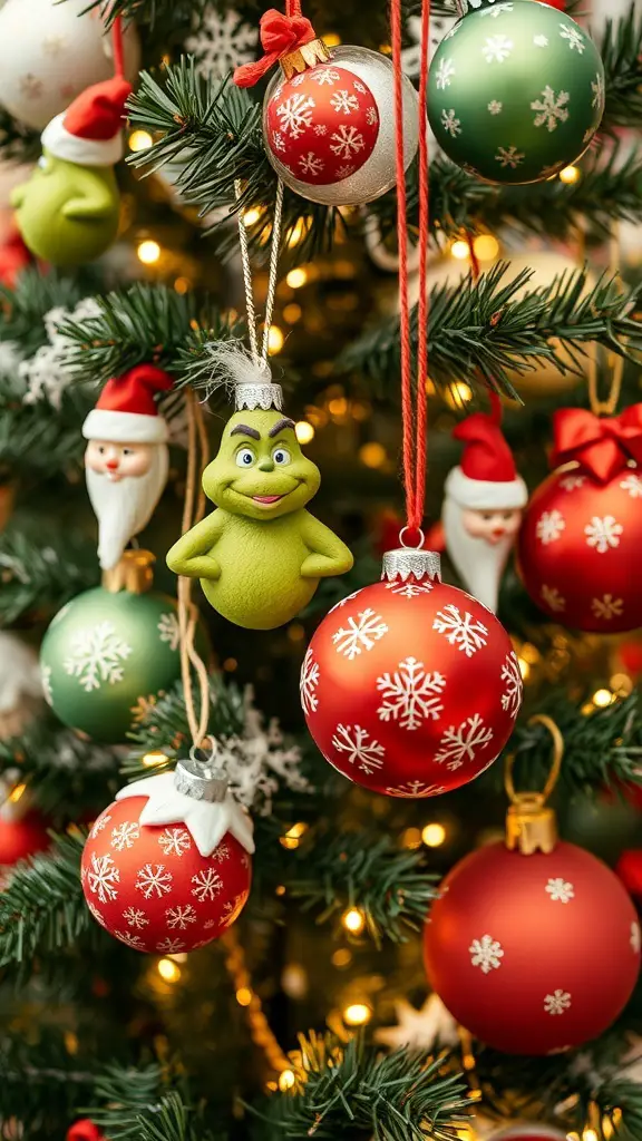 A festive Grinch-themed Christmas tree with colorful ornaments and lights.