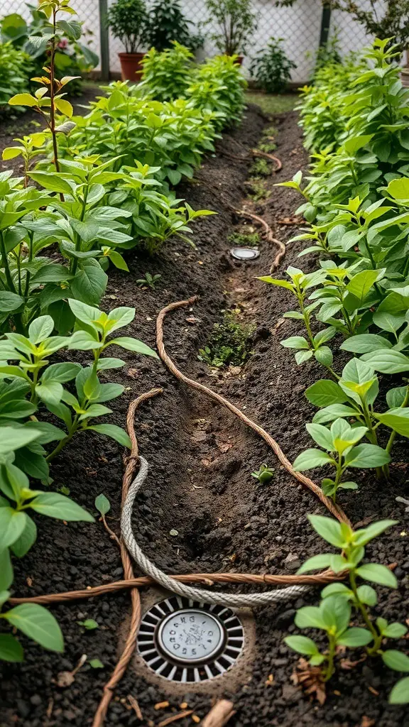 A garden with plants and a drainage system for water runoff management.