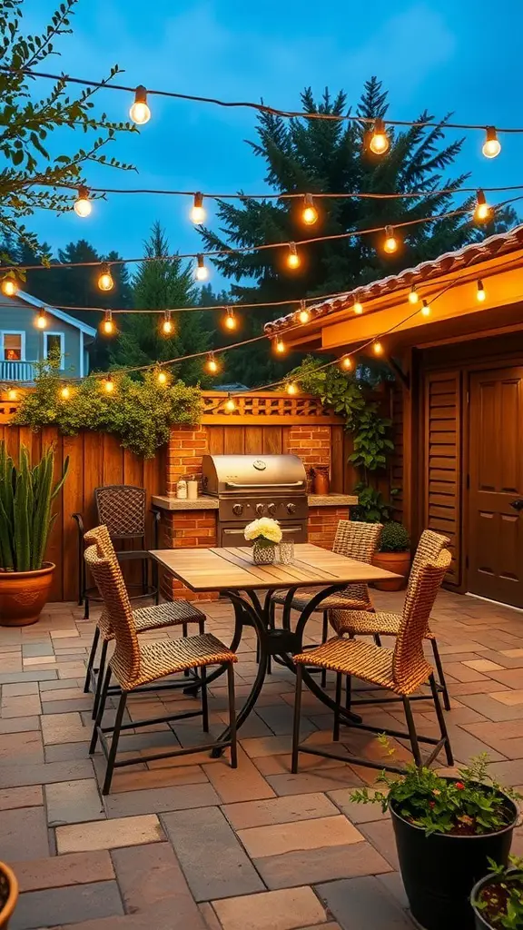 27+ Must-Have Items for the Ultimate Outdoor Grill Station 7 Cozy outdoor dining space with a grill, string lights, and comfortable seating.