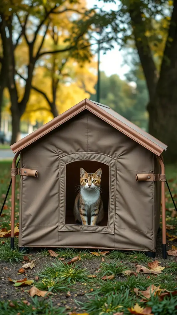 31+ Creative Outdoor Cat House Ideas for Your Feline Friend 7 A portable cat house with a cat sitting at the entrance, surrounded by autumn leaves.