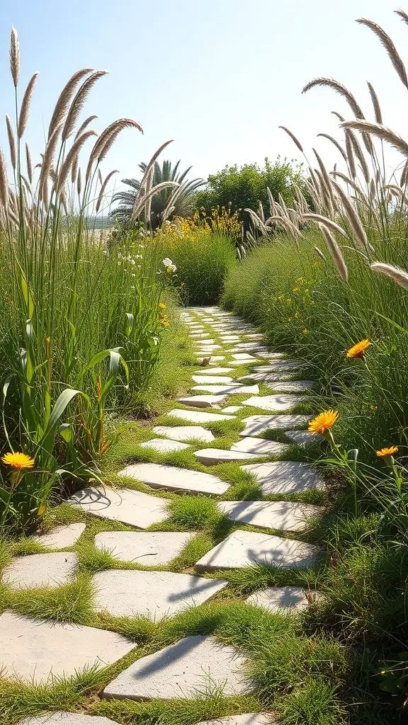 23+ Creative Garden Path Ideas for a Stunning Outdoor Journey 10 A stone path surrounded by tall grasses and wildflowers in a garden setting.