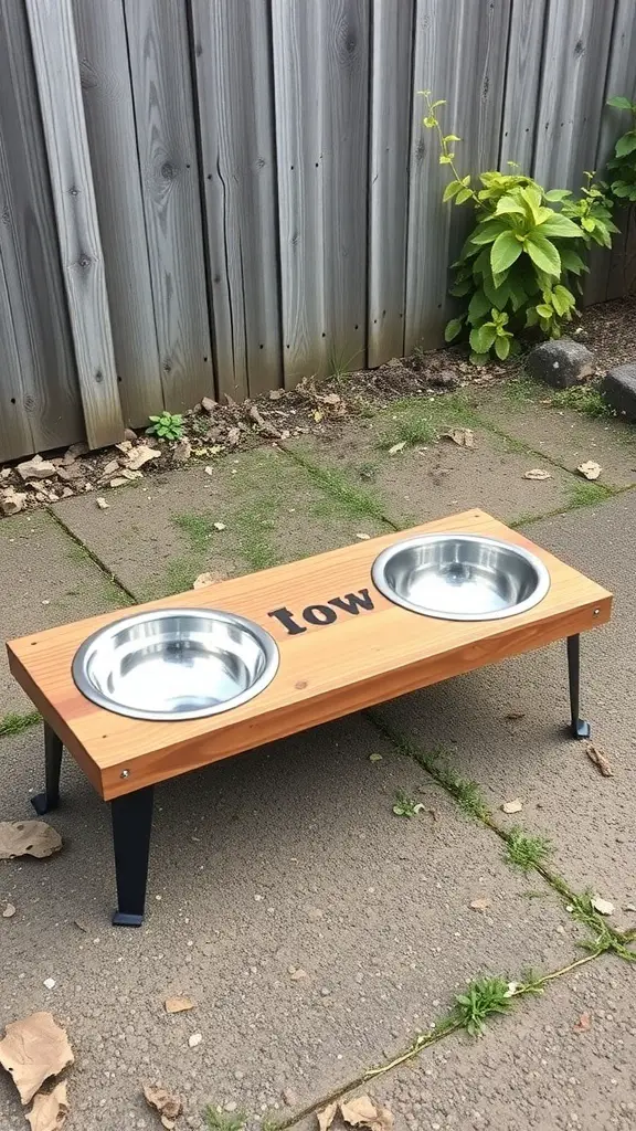 A DIY dog feeding station made from wood and metal with two stainless steel bowls.