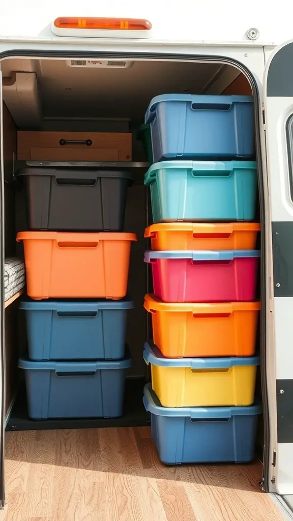 33+ Creative Camper Clothes Storage Ideas for Your Next Adventure 7 Colorful foldable storage bins stacked in a camper