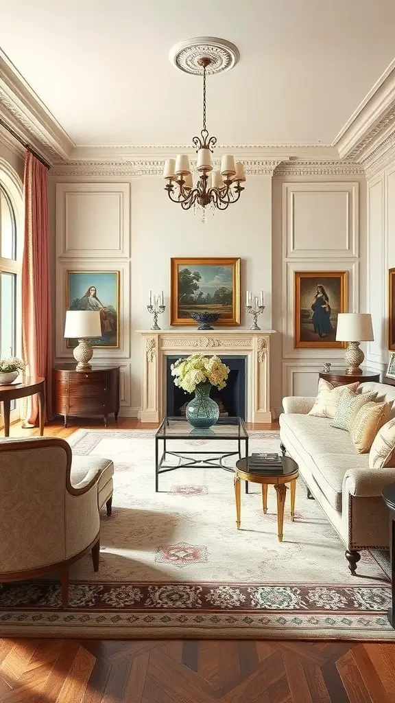 25+ Stunning Ralph Lauren-Inspired Interior Design Ideas 5 Elegant living room featuring classic furniture, chandelier, and artwork in a Ralph Lauren style.
