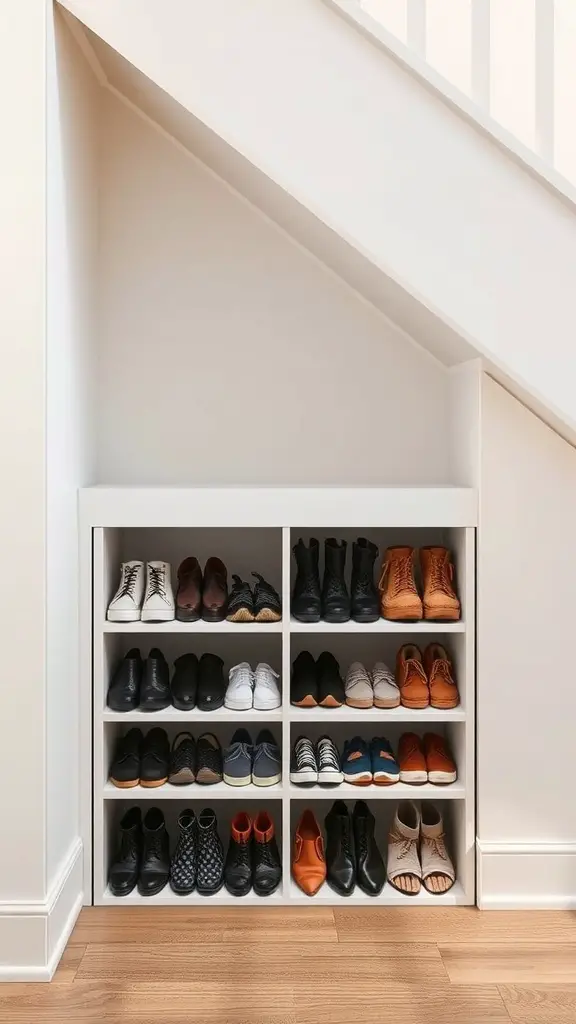 25+ Creative Under Stairs Storage Ideas for Every Home 7 Chic shoe organizer under stairs with various shoes neatly arranged on shelves.