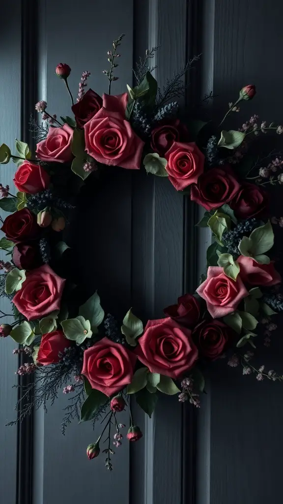 27+ Spooktacular Halloween Wreath Ideas to Enhance Your Decor 13 A Halloween wreath featuring deep red roses and dark foliage.