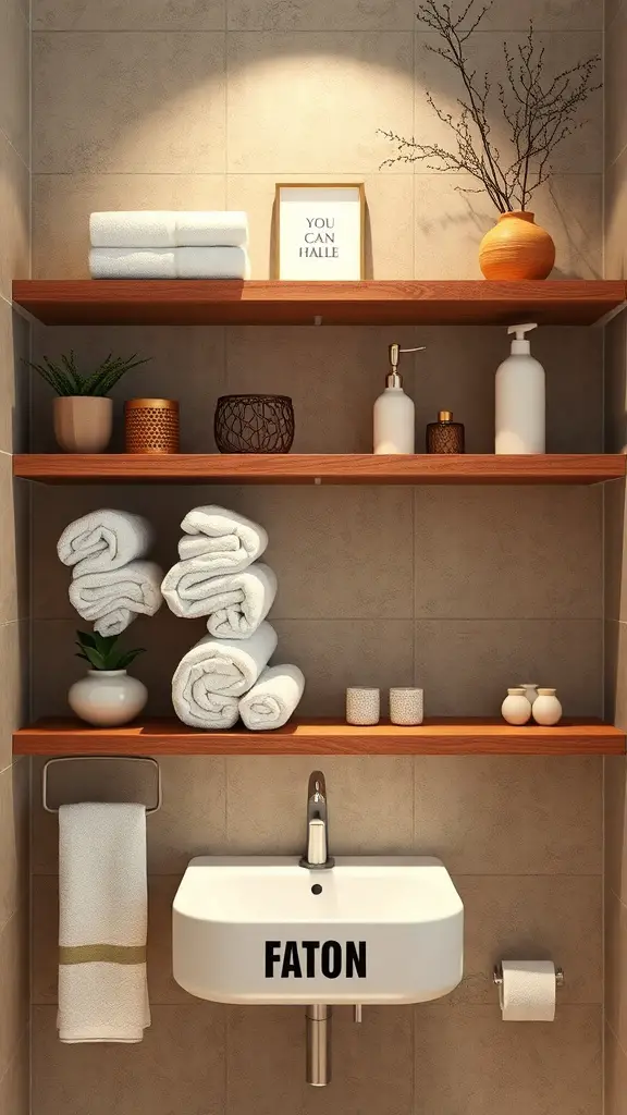 Floating shelves in a small bathroom displaying neatly stacked towels and decorative items.
