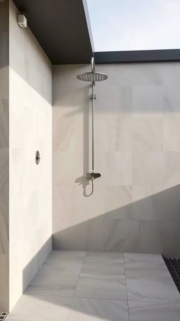 Modern outdoor shower with minimalist design featuring large tiles and overhead shower head.