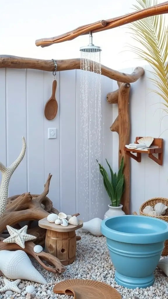 Outdoor shower with driftwood and beach-themed decor