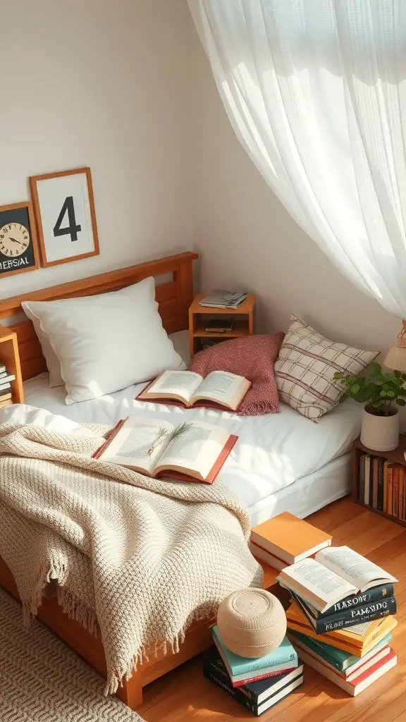 A cozy reading nook with soft bedding, open books, and warm lighting.