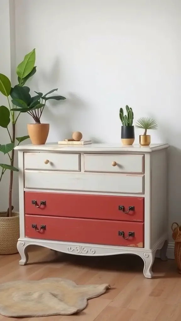 19+ Stunning Vintage Maximalism Decor Ideas to Transform Your Space 18 A vintage dresser with coral drawers and potted plants beside it.