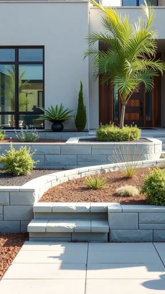A modern stone retaining wall with a landscaped garden featuring plants and steps.