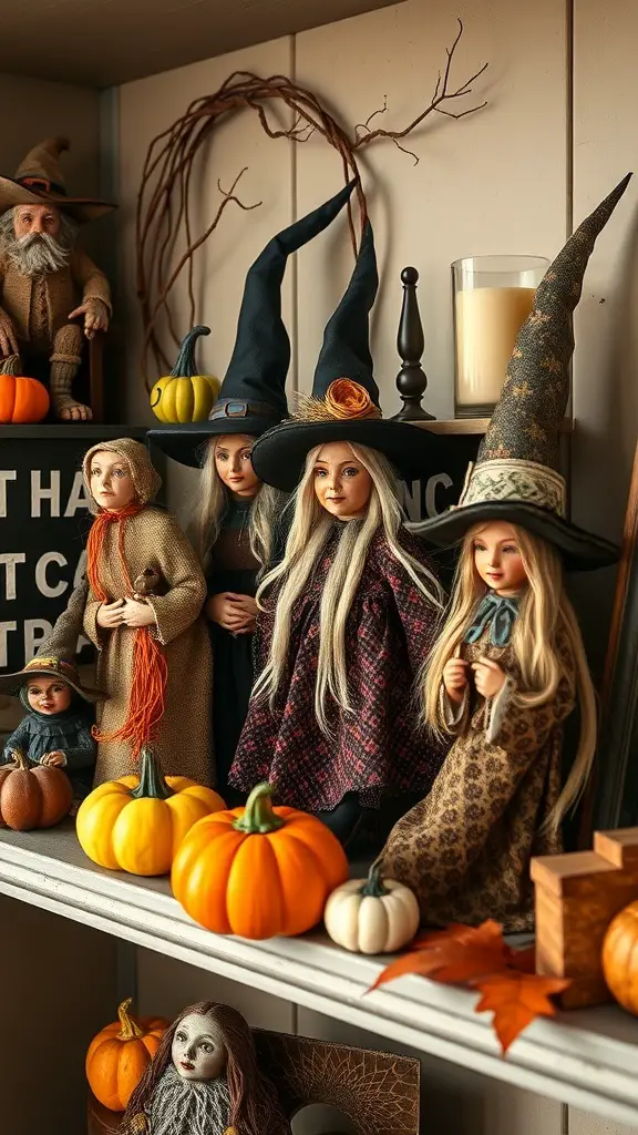 27+ Enchanting Vintage Halloween Decorations to Elevate Your Spooky Season 10 A collection of vintage witch figurines displayed with pumpkins