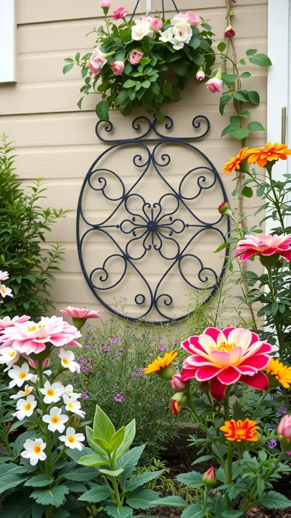 Decorative metal garden wall with flowers