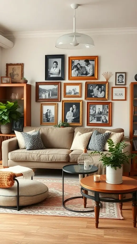 Cozy French country living room with family photos on the wall