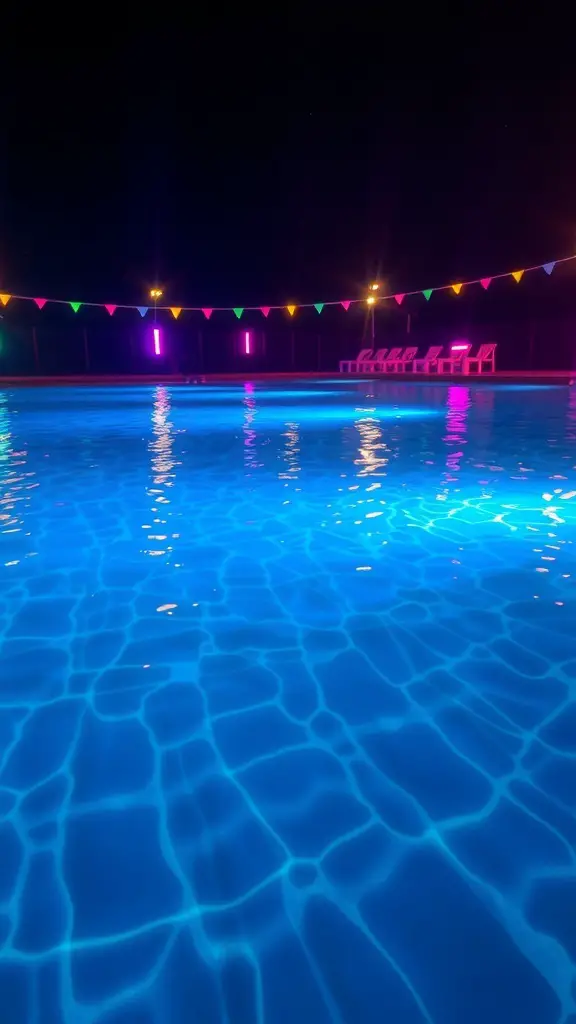 Colorful underwater pool lighting at night with string lights and pool chairs