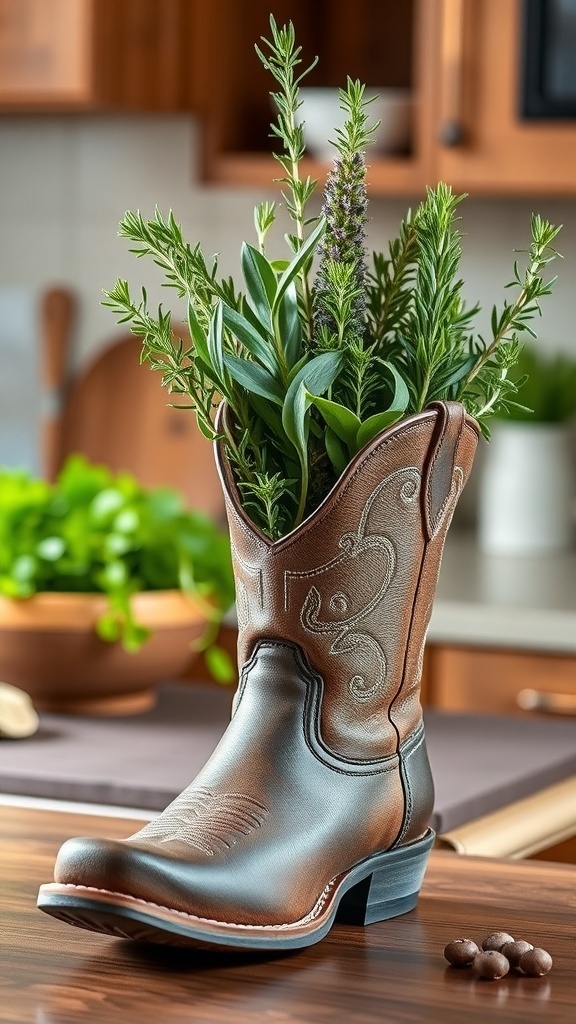 25+ Creative Cowboy Boot Centerpieces for Your Next Event 19 A cowboy boot filled with fresh herbs like rosemary and basil, placed on a kitchen counter.
