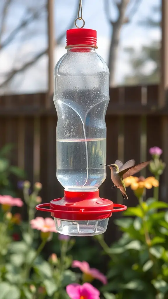 A simple plastic bottle feeder hanging in a garden with a hummingbird approaching it.