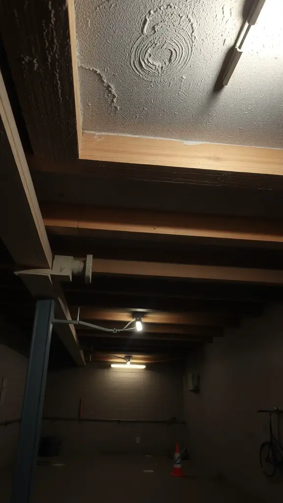 A low ceiling basement with exposed wooden beams and lighting.