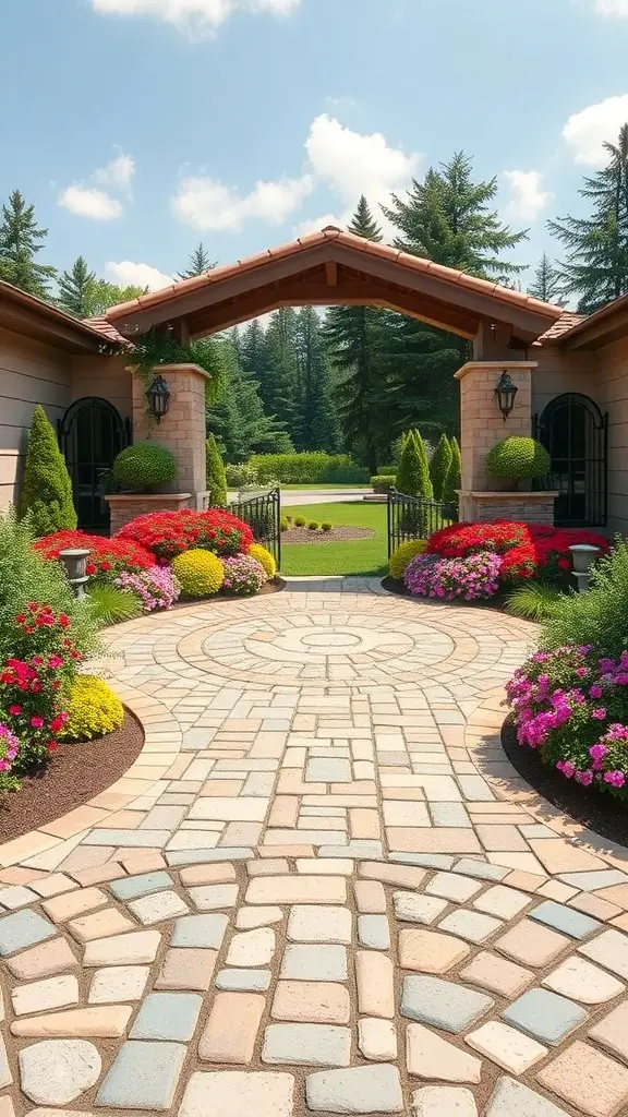 A beautifully landscaped circle driveway with colorful flowers and stonework, creating a welcoming entrance.
