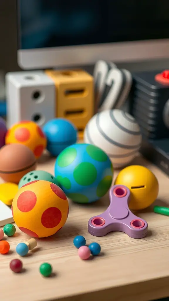 27+ Unique Christmas Gifts for Your Coworkers This Holiday Season 6 Colorful desk toys including fidget spinners and balls on a desk