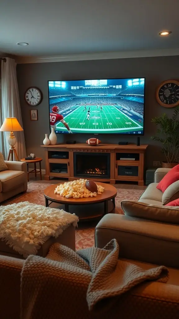 Cozy living room with a football game on TV, popcorn on the table, and a football decoration.
