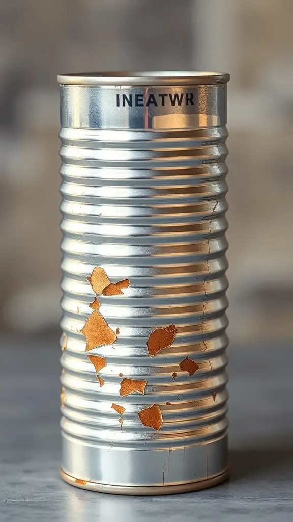 A rusted and damaged can showing signs of spoilage.