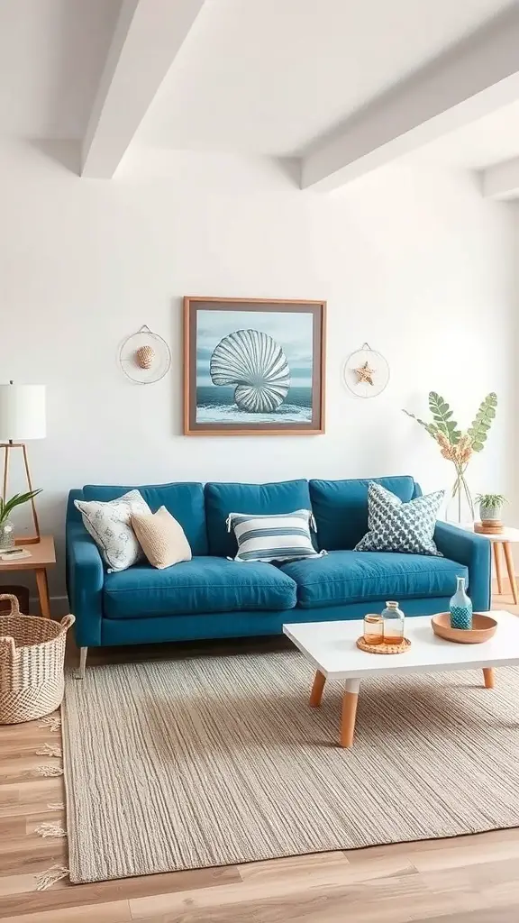 29+ Stunning Blue Couch Living Room Ideas You’ll Love 15 A coastal-themed living room featuring a blue couch, light wood furniture, and beach-inspired decor.