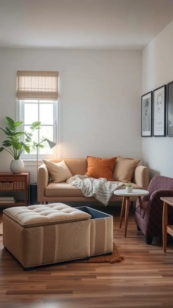 29+ Small Room Organization Ideas You Need to Try 8 Cozy small room with multi-functional furniture including a sofa, ottoman, and side table.