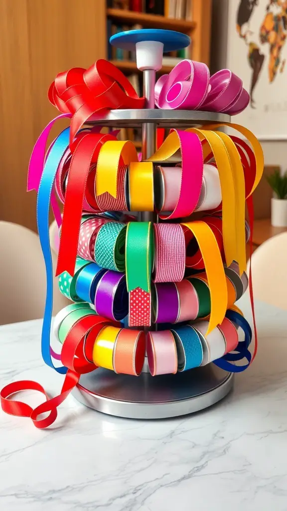 A colorful rotating ribbon organizer filled with various ribbons.