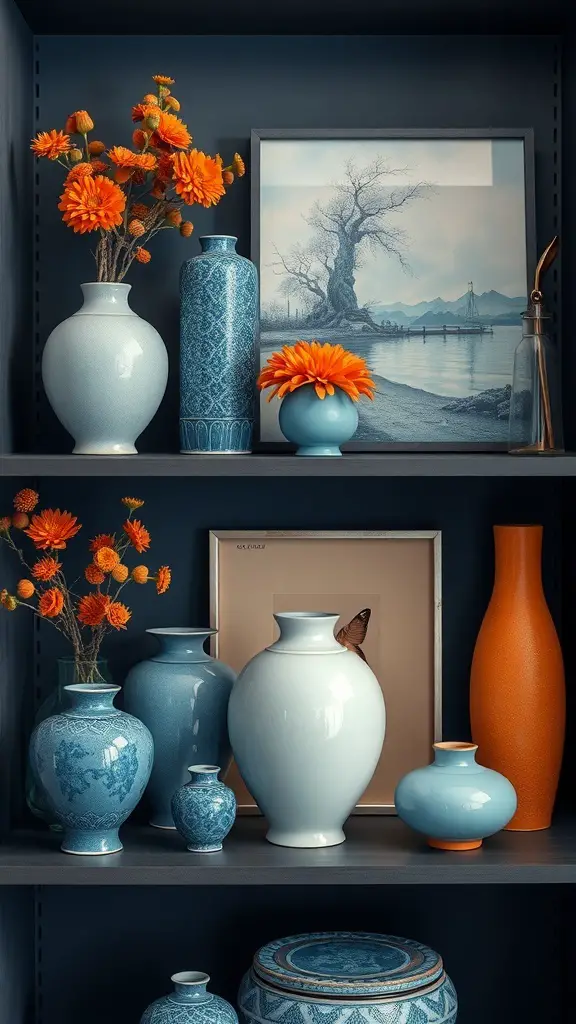 A collection of blue and orange decor items on shelves, including vases and flowers.