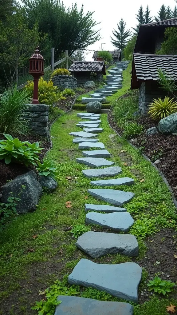A winding pathway made of stepping stones surrounded by greenery in a sloped garden.