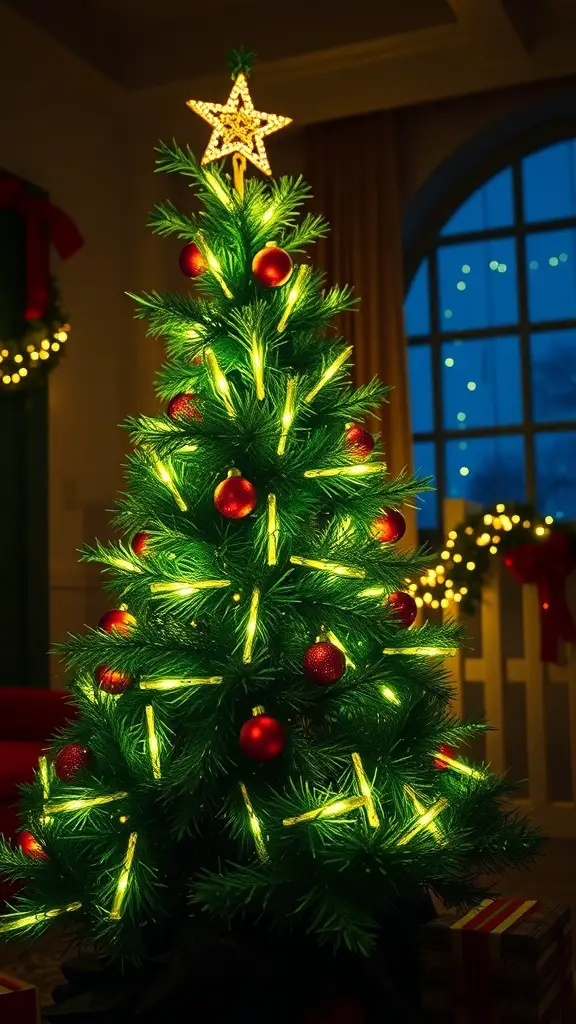 A beautifully decorated Christmas tree with red ornaments and bright lights.