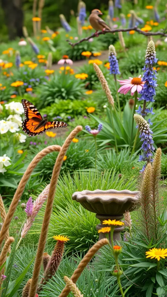 25+ Inspiring Hill Garden Ideas You Need to Try 7 A colorful hill garden with flowers, a fountain, and butterflies, showcasing a wildlife-friendly habitat.