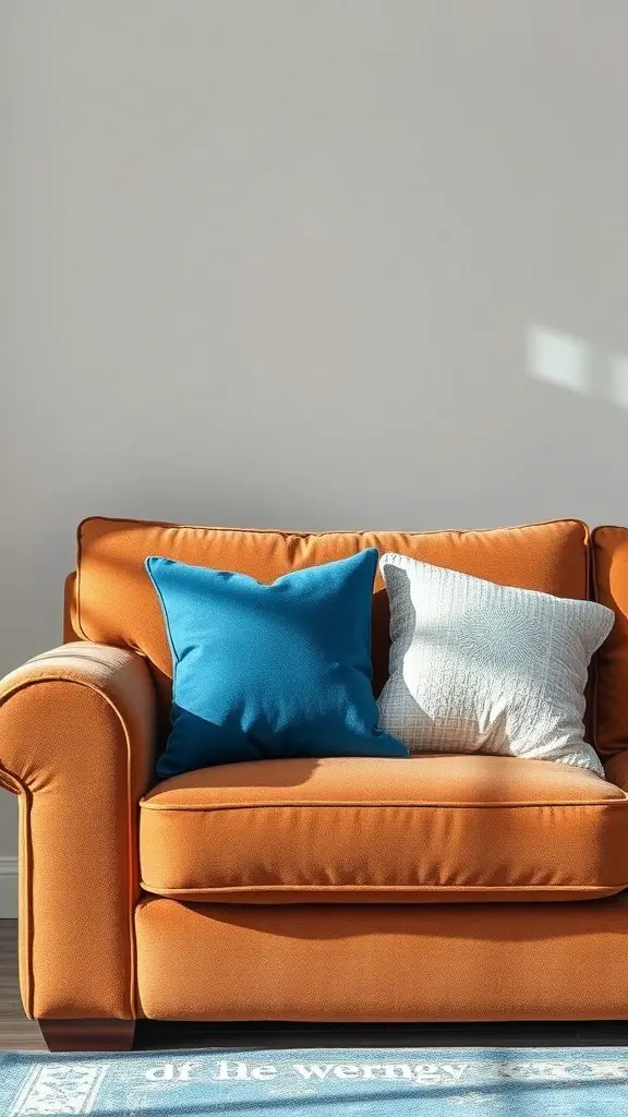 A brown sofa with blue decorative cushions
