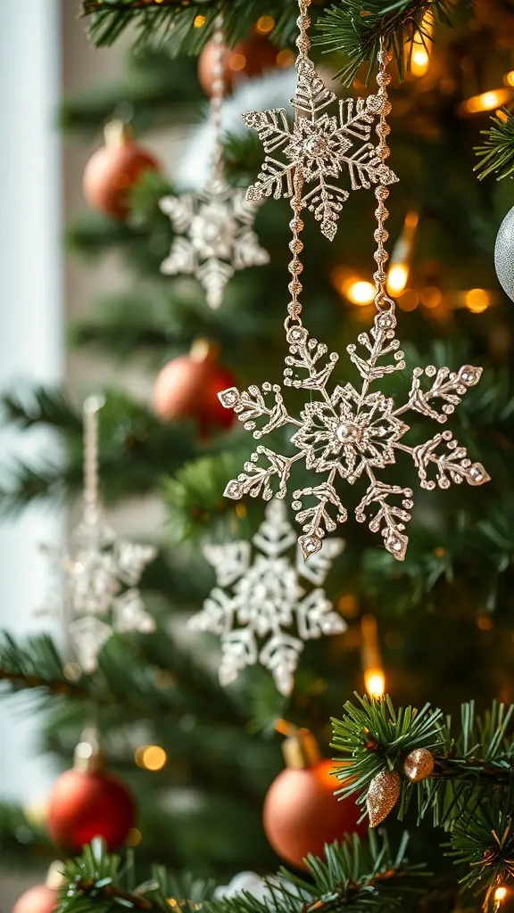 Beaded snowflake ornaments hanging on a Christmas tree