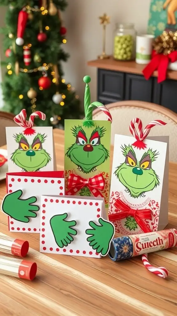 29+ Creative Dollar Tree Grinch Ideas to Spread Holiday Cheer 19 A collection of Grinch-themed holiday greeting cards displayed on a table.